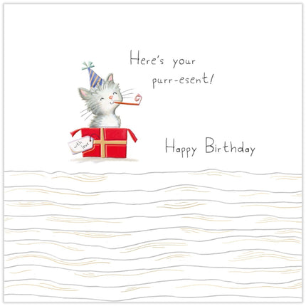 Birthday Card for Women - Cute Cat & Present Design - 'Here's Your Purr-esent'' - Embossed Gold Foil Finish - Premium Special Greeting Card with Envelope for Her
