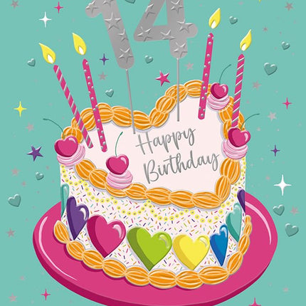 14th Birthday Card for Girls, Cake & Hearts Design