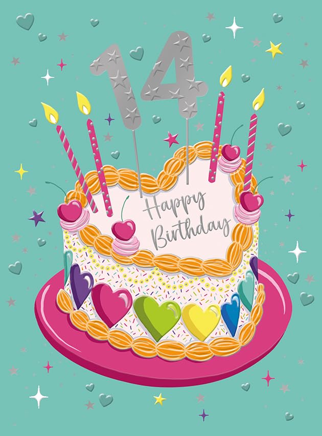 14th Birthday Card for Girls, Cake & Hearts Design