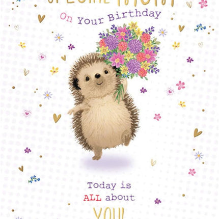 Birthday Card for a Special Mum – Hedgehog & Flowers Design
