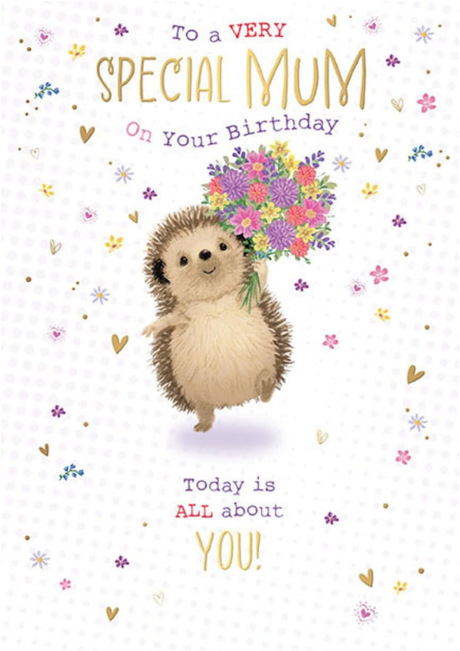 Birthday Card for a Special Mum – Hedgehog & Flowers Design