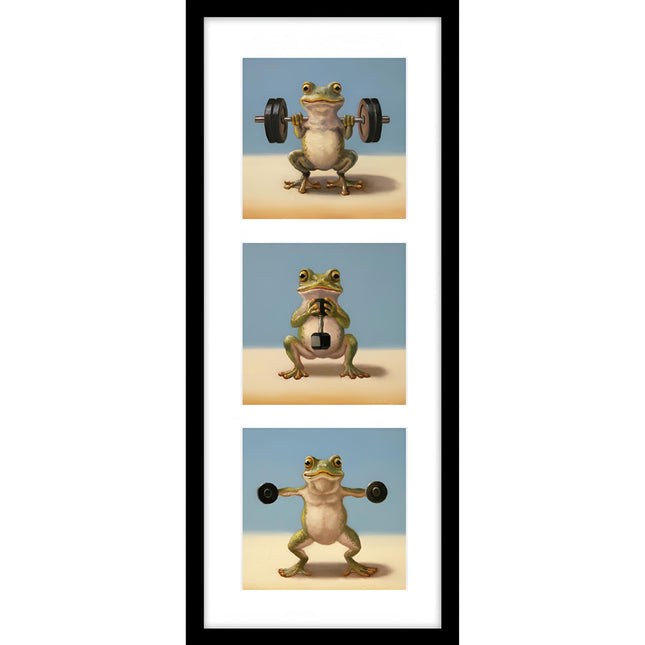 Funny Weightlifting Frogs Framed Print Wall Art - 'Frog Triptych' by Lucia Heffernan - Quirky Animal Themed Artwork - Ready to Hang Gym Home Décor - 22cm x 52cm