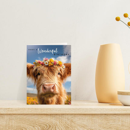 Birthday Card for Her, Cute Highland Cow & Flower Crown Design