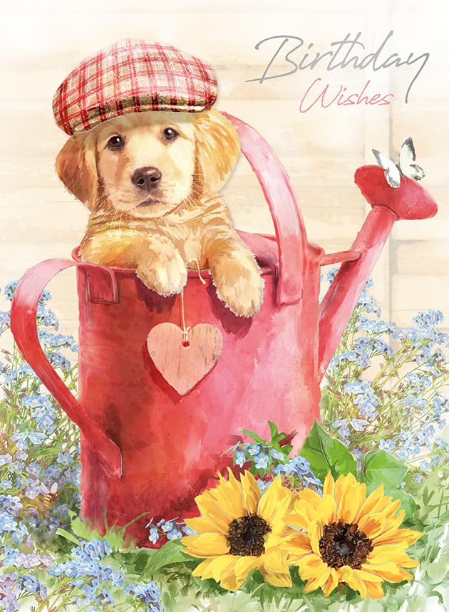 Birthday Card for Her, Cute Golden Retriever Dog & Floral Design