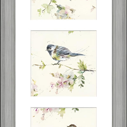 Garden Birds Triptych Framed Print Wall Art - 'Garden Party' by Nicola Jane Rowles - Contemporary Wildlife Picture - Ready to Hang Home Décor - 55cm x 25cm