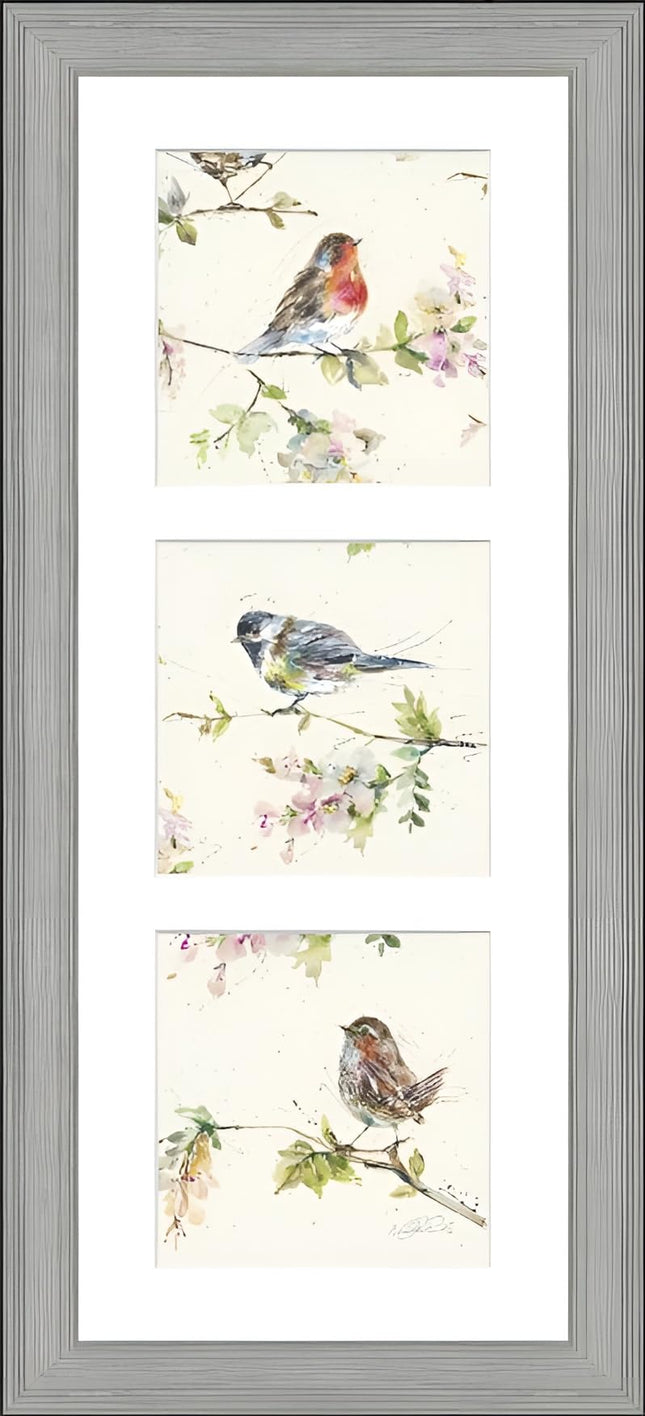 Garden Birds Triptych Framed Print Wall Art - 'Garden Party' by Nicola Jane Rowles - Contemporary Wildlife Picture - Ready to Hang Home Décor - 55cm x 25cm