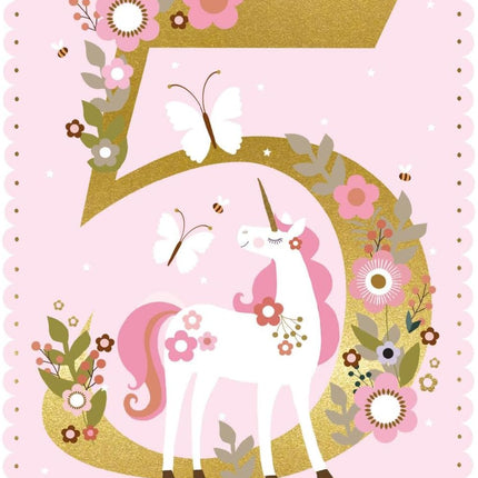 Birthday Card for Girl - Age 5 Unicorn & Gold Foil Design
