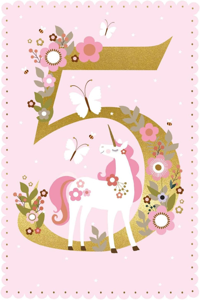 Birthday Card for Girl - Age 5 Unicorn & Gold Foil Design
