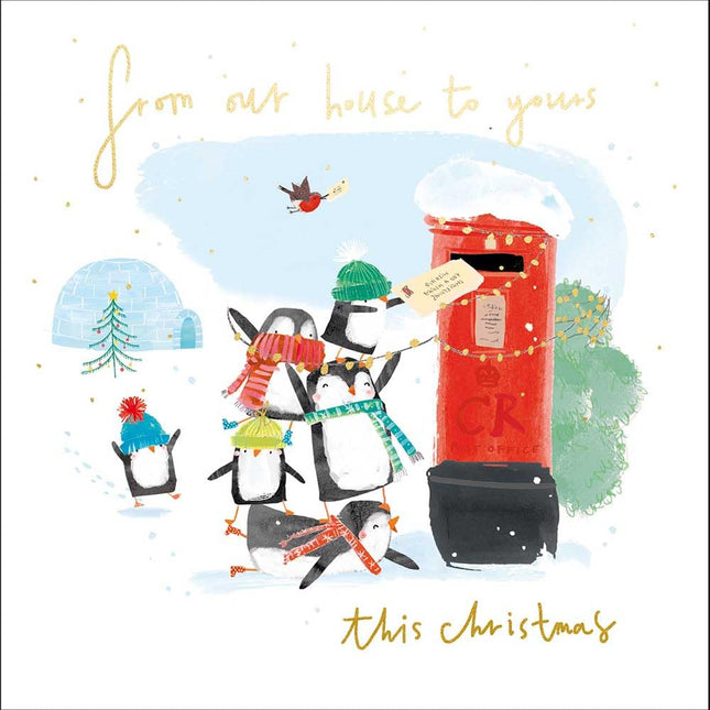 Our House to Yours Christmas Card - Penguins and Post Box Design - Foil Finish - Festive Christmas Greeting Card for Family or Friends