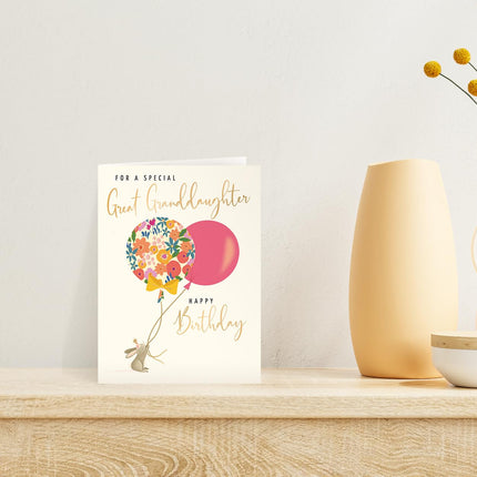 Birthday Card for a Special Great Granddaughter - Bunny Rabbit and Balloons Design with Foil Finish, Eco-Friendly & Made in the UK