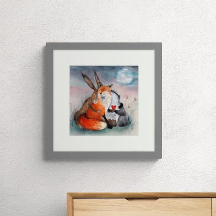 Fox, Hare and Badger Framed Print - Peace and Huggles Painting by Sarah Reilly - Contemporary Animal Themed Artwork - 43.5 x 43.5 cm
