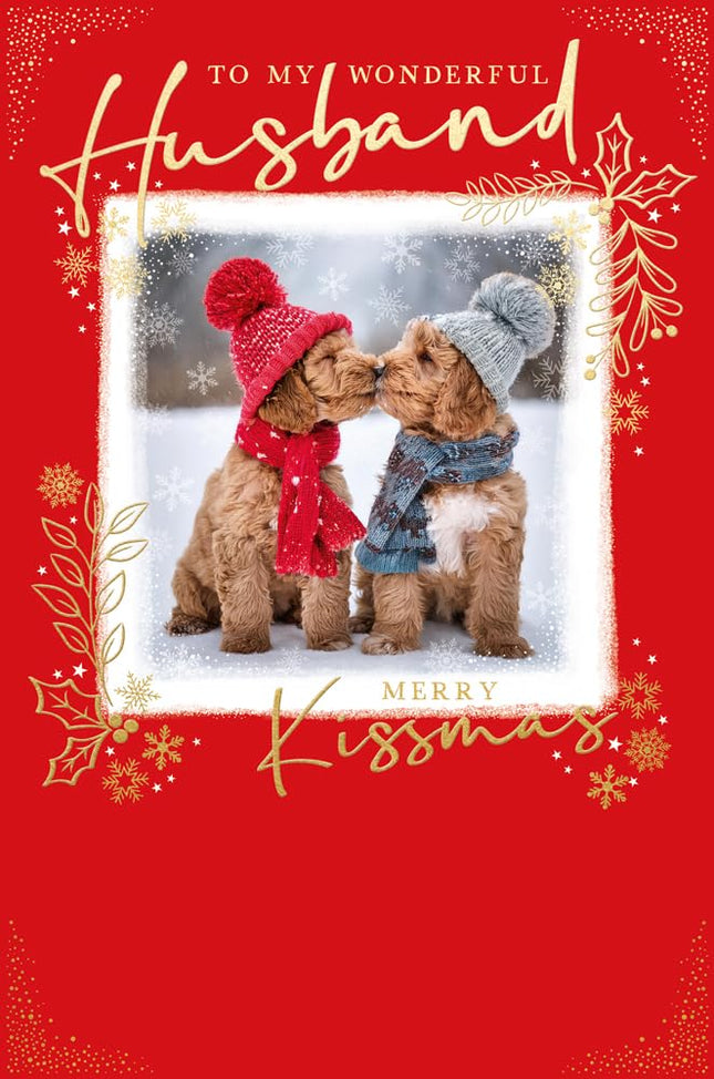 Christmas Card for Husband - Cute Festive Dogs in the Snow - Embossed Gold Foil Finish - Premium Greeting Card with Envelope