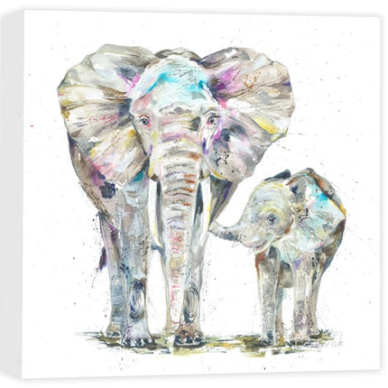 Elephants Canvas Print Wall Art - Animal Themed Home Decor - Nicola Jane Rowles Artwork - Ready to Hang 'Elephant and Baby' Painting - 40 x 40cm