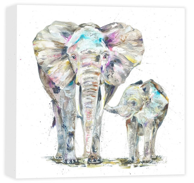 Elephants Canvas Print Wall Art - Animal Themed Home Decor - Nicola Jane Rowles Artwork - Ready to Hang 'Elephant and Baby' Painting - 40 x 40cm