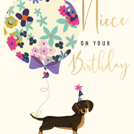 Birthday Card for Niece - Cute Dachshund Dog & Balloon Design - Gold Foil Finish - Premium Greeting Card with Envelope