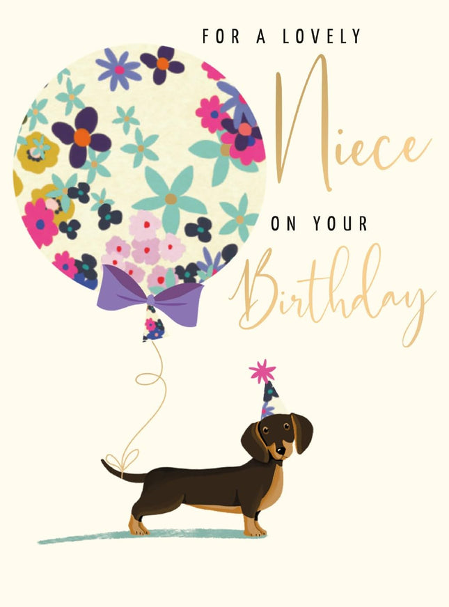 Birthday Card for Niece - Cute Dachshund Dog & Balloon Design - Gold Foil Finish - Premium Greeting Card with Envelope