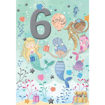 Girls 6th Birthday Card - Pretty Mermaid Party Design - 8.7 x 6 in - Cute Age 6 Happy Birthday Card for Daughter, Sister, Niece, Friend or Female Family Member