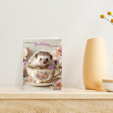 Birthday Card for Her, Cute Teacup Hedgehog