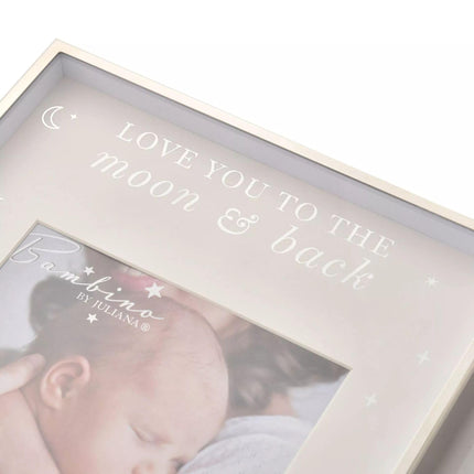 Widdop & Co Baby Photo Frame – 'Love You to the Moon & Back' – White & Silver Sentimental Nursery Keepsake Gift – Freestanding Frame, 23.5 x 18cm