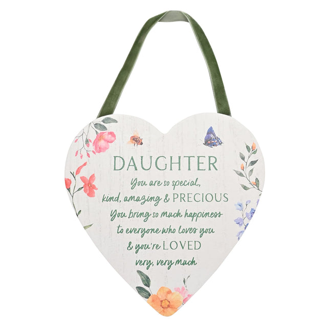 Daughter Hanging Heart Sentiment Plaque - Gift Idea - Loving & Inspirational Words - Special, Kind, Amazing and Precious - Floral Design