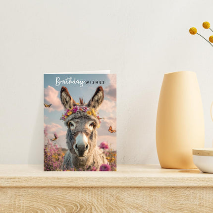 Birthday Card for Her, Cute Donkey & Flower Crown Design