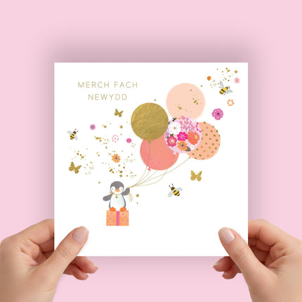 Welsh New Baby Girl Card , Cute Penguin, Merch Fach Newydd