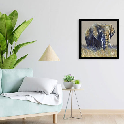 Elephant Framed Print Wall Art - Animal Themed Home Decor - Louise Luton Artwork - Ready to Hang 'Little Fields of Gold' Painting - 43.5 x 43.5 cm