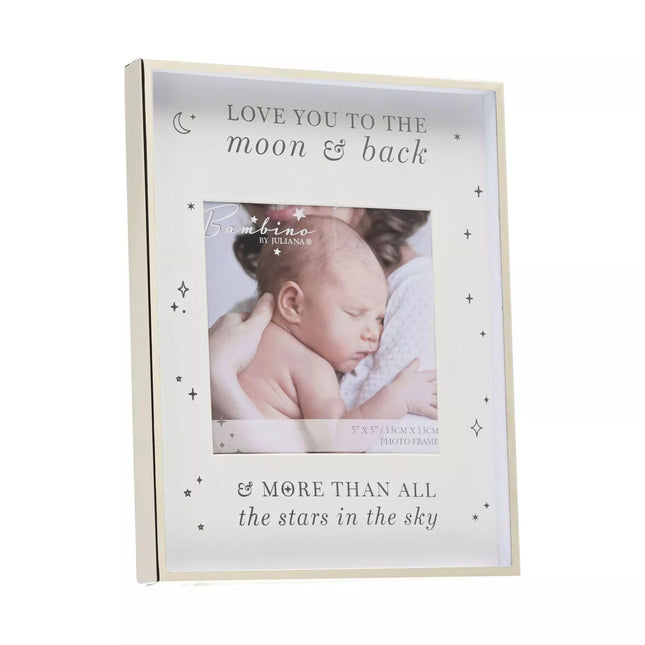 Widdop & Co Baby Photo Frame – 'Love You to the Moon & Back' – White & Silver Sentimental Nursery Keepsake Gift – Freestanding Frame, 23.5 x 18cm