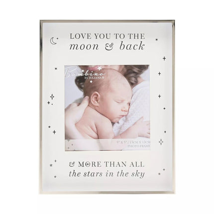 Widdop & Co Baby Photo Frame – 'Love You to the Moon & Back' – White & Silver Sentimental Nursery Keepsake Gift – Freestanding Frame, 23.5 x 18cm