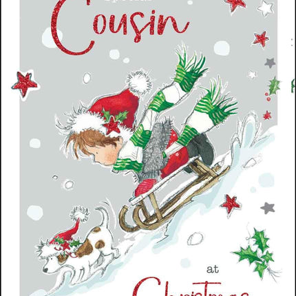 Cousin Christmas Card for Him - Special Cousin - Boy and Dog Sledging in the Snow - Artistic Festive Design - Special Finishes and Illustrated Insert Leaf - Made in the UK