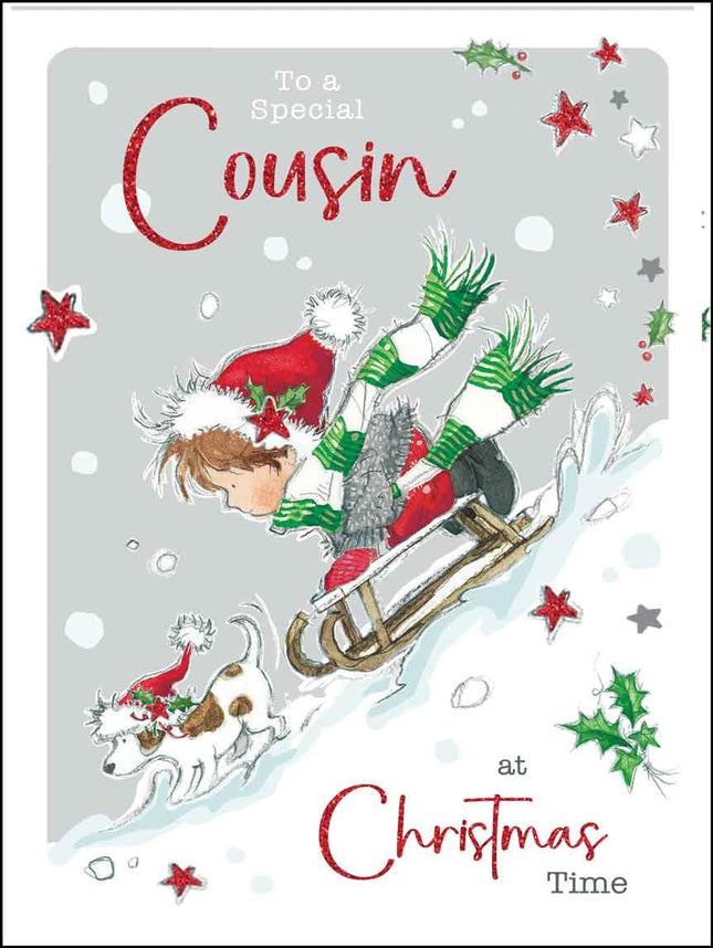 Cousin Christmas Card for Him - Special Cousin - Boy and Dog Sledging in the Snow - Artistic Festive Design - Special Finishes and Illustrated Insert Leaf - Made in the UK