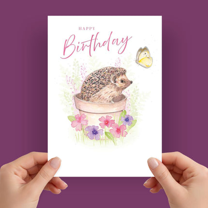 Birthday Card for Her - Cute Hedgehog & Butterfly with 3D Embellishments & Foil Finish, Eco-Friendly & Made in the UK
