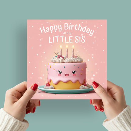 Birthday Card for Little Sister - Cute Cake Design - Premium Greeting Card with Envelope for Lil Sis - Eco-Friendly & Recyclable