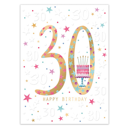 30th Birthday Card for Her - Lovely Cake & Stars Design with Embossed Foil Finish, Eco-Friendly & Made in the UK