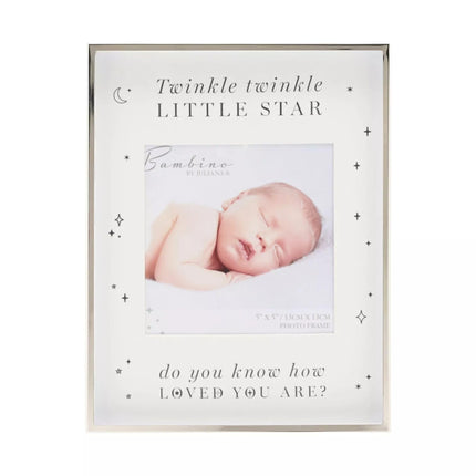 Widdop & Co. Baby Photo Frame 23.5 x 18 cm - ‘Twinkle Twinkle Little Star’ Design with Sentiment - White and Silver Nursery Frame - Freestanding Baby Keepsake Gift