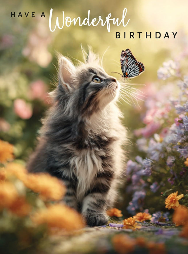 Birthday Card for Her, Cute Cat & Butterfly Design