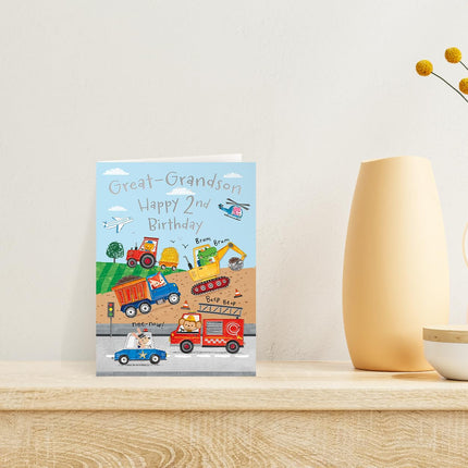 2nd Birthday Card for Great Grandson - Cute Animal & Vehicle Design with Trucks, Diggers & Emergency Vehicles - Age 2 Birthday Greeting Card for Boys