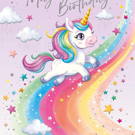 Birthday Card for Girls - Magical Unicorn & Rainbow Design - Embossed Silver Foil Finish - Premium Greeting Card with Envelope