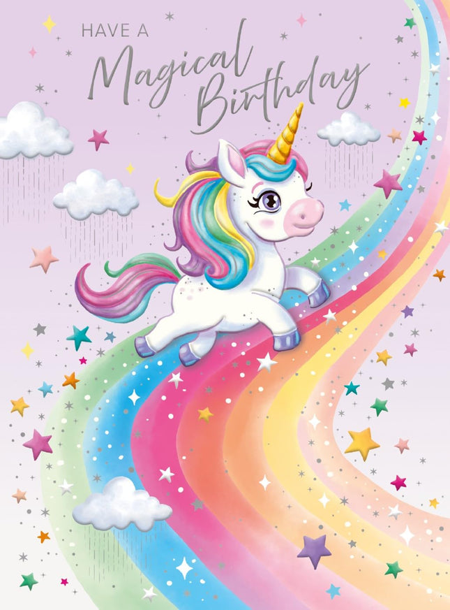 Birthday Card for Girls - Magical Unicorn & Rainbow Design - Embossed Silver Foil Finish - Premium Greeting Card with Envelope