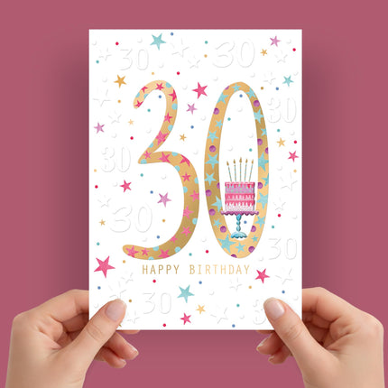 30th Birthday Card for Her - Lovely Cake & Stars Design with Embossed Foil Finish, Eco-Friendly & Made in the UK