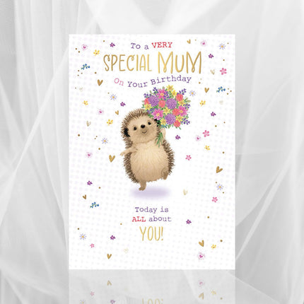 Birthday Card for a Special Mum – Hedgehog & Flowers Design