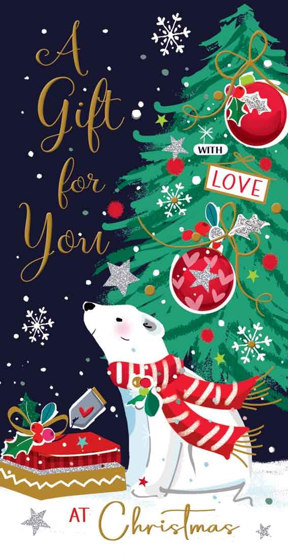 Money Wallet Christmas Card - A Gift for You - Polar Bear and Christmas Tree - Artistic Festive Design - Special Finishes - Made in the UK