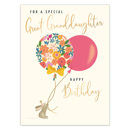 Birthday Card for a Special Great Granddaughter - Bunny Rabbit and Balloons Design with Foil Finish, Eco-Friendly & Made in the UK
