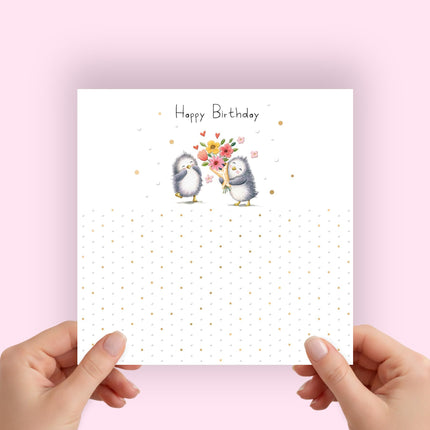 Birthday Card for Her, Cute Penguins and Floral Bouquet
