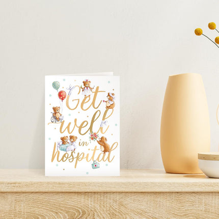 Get Well Soon Card for Hospital Stay - Teddy Bear Nurse Design with Embossed Foil Finish, Eco-Friendly & Made in the UK