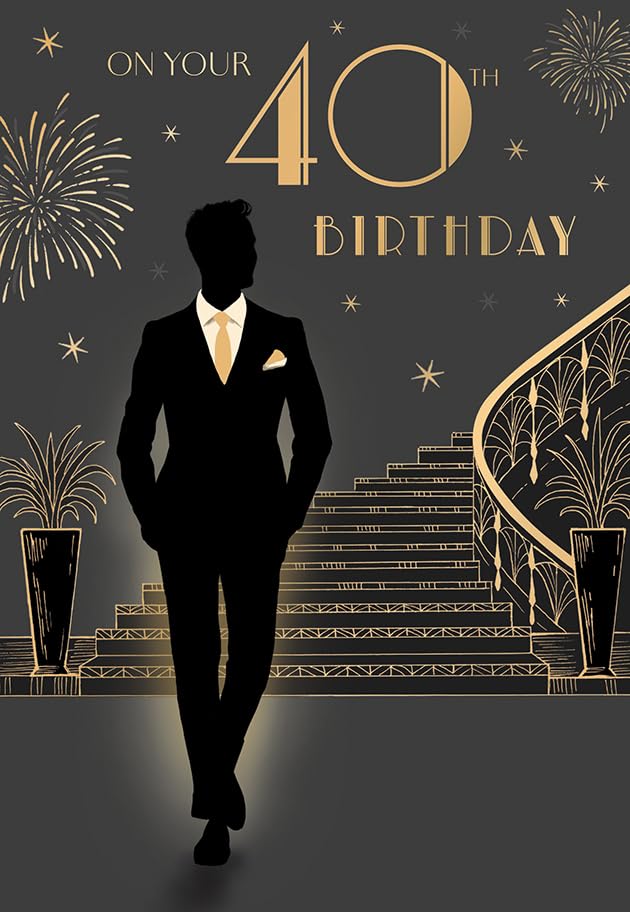 40th Birthday Card for Him - Stylish Art Deco Design with Foil Finish & Illustrated Insert Leaf, Eco-Friendly & Made in the UK