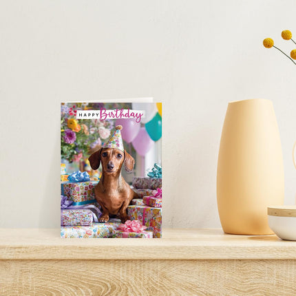 Birthday Card for Her, Cute Dachshund Dog and Presents