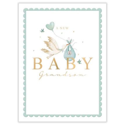 Congratulations Card for New Baby Grandson - Cute Blue Stork & Love Heart Balloon - Embossed Gold Foil Finish - Premium Special Arrival Greeting Card with Envelope