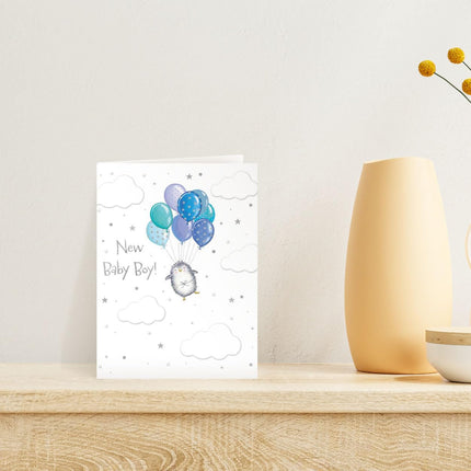New Baby Boy Congratulations Card - Cute Penguin & Balloons - Embossed Foil Finish - Eco-Friendly & Made in the UK