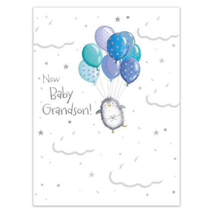 New Baby Grandson Congratulations Card - Cute Penguin & Balloons with Embossed Foil Finish, Eco-Friendly & Made in the UK